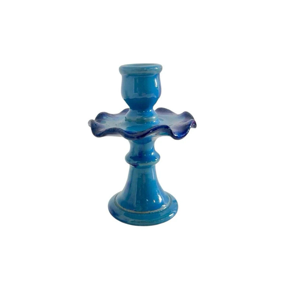 Handmade Vintage Blue Ceramic Studio Pottery Candlestick Ruffled Scalloped Taper